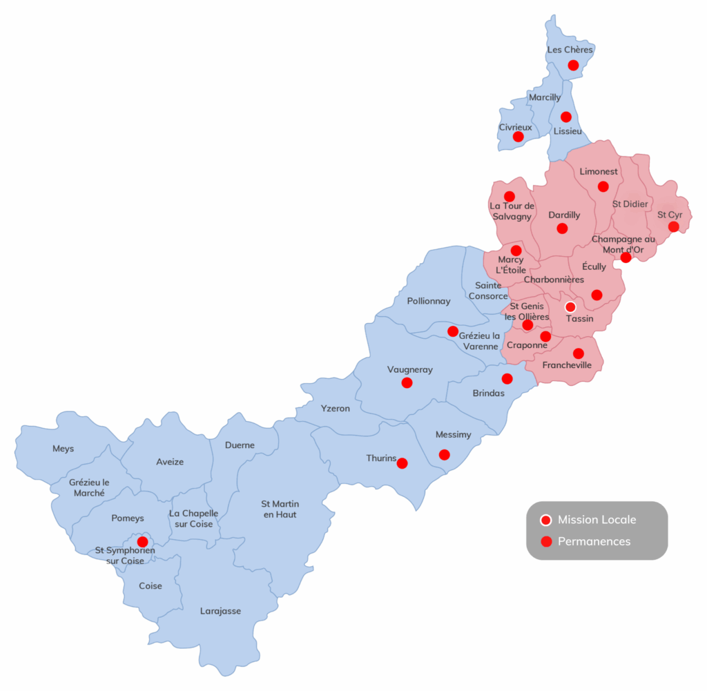 Carte de la Mission Locale territoire des Monts d'Or et des Monts du Lyonnais